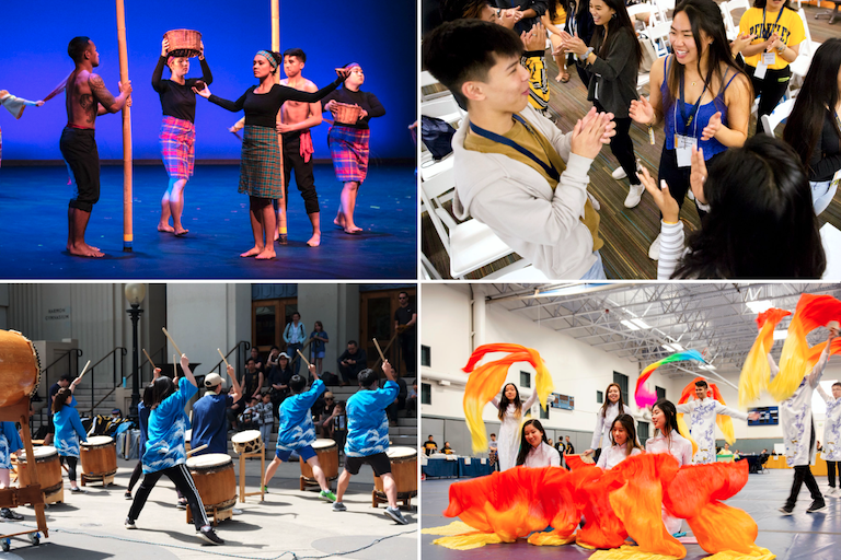 A collage of AA & PI student activities - CalPerformances performance, a student org gathering, taiko drumming, a lion dance