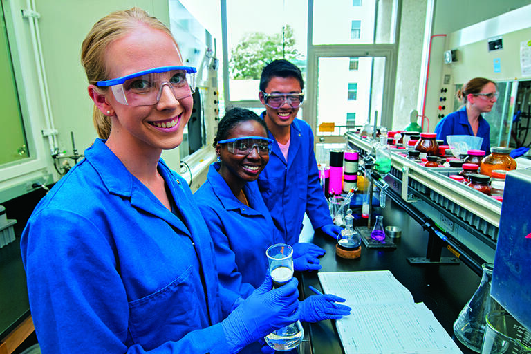Blue Lab Final - three students in a lab.