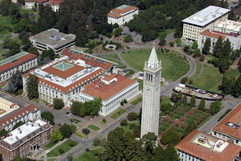 Aerial photograph that includes Sproul Plaza, the Campanile, and Barrows hall - Building Renaming Project Task Force - Summary and Recommendations, April 2017
