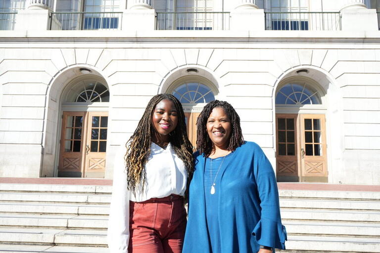 Daniella and Gia in front of Wheeler Hall