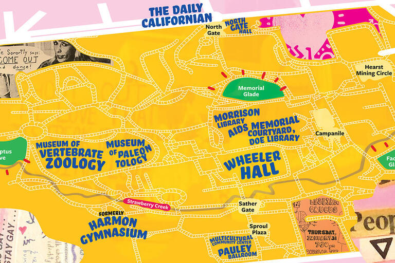 graphic yellow map of UC Berkeley Places of pride: 10 LGBTQ+ landmarks to discover on the UC Berkeley campus