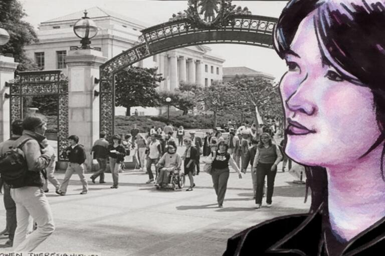 colorful illustration of a person over a black and white photo of people walking on the UC Berkeley campus