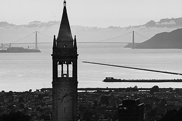 sather tower and golden gate bridge in black and white
