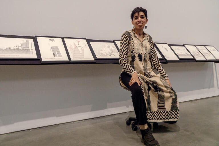 Priyanka D’Souza, pictured before various works created for "b. Call in sick."