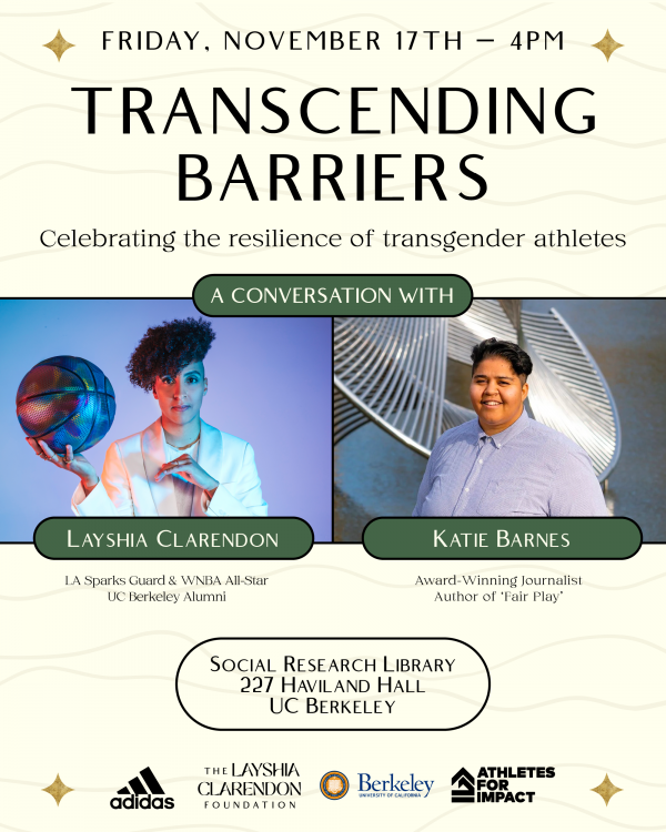Flyer with light yellow background, black text: Transcending Barriers: Celebrating the resilience of transgender athletes with headshots of the speakers and partner logos on the bottom