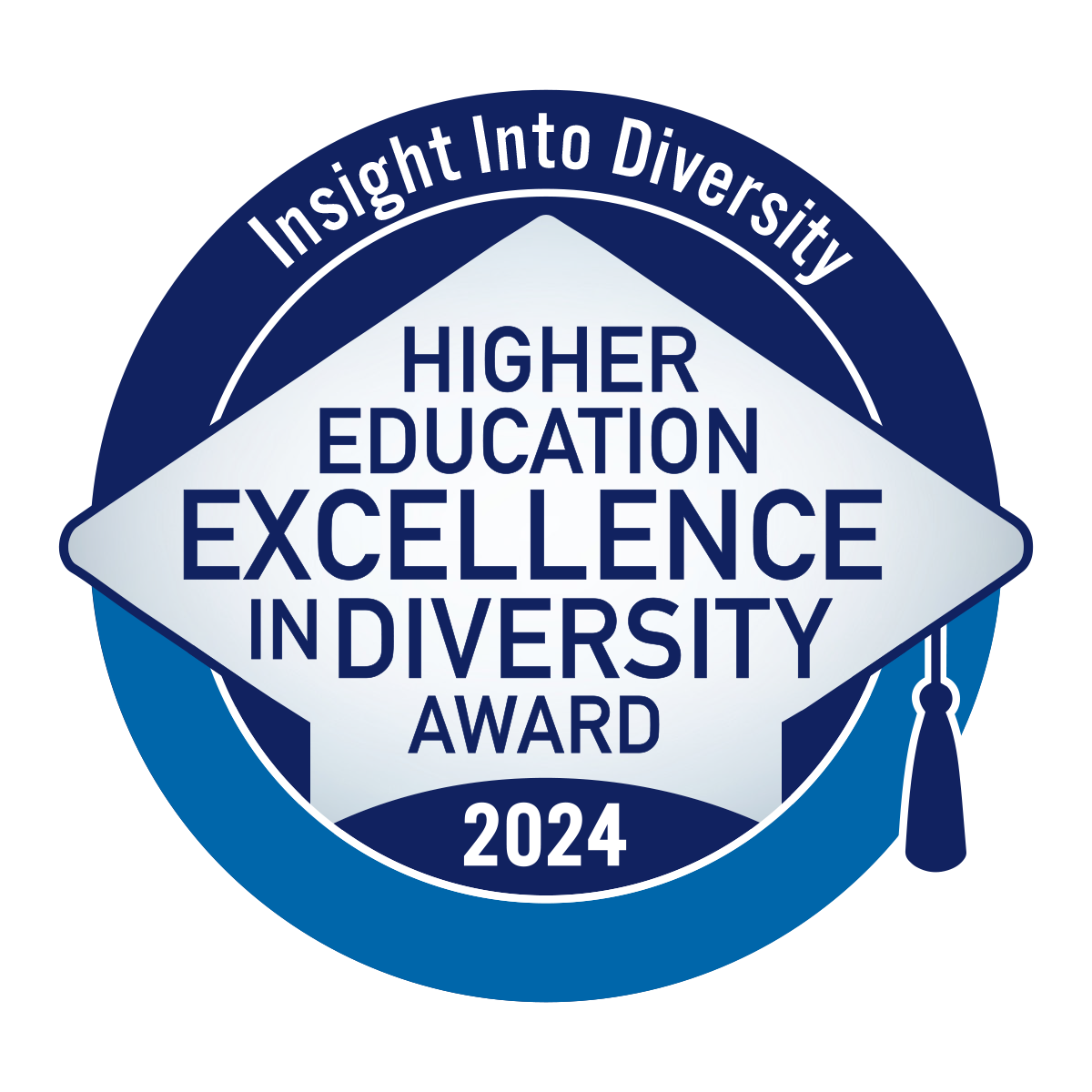 Insight Into Diversity 2024 Higher Education Excellence in Diversity Award logo, featuring a graduation cap design in blue and white with text inside.