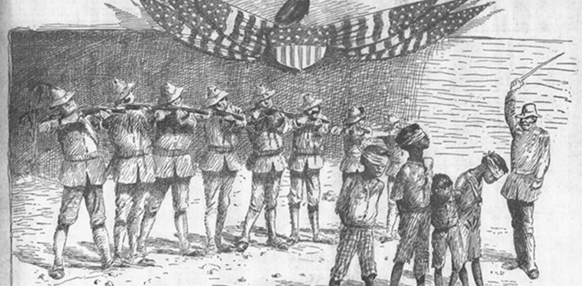 An old newspaper illustration shows American troops aiming guns at bound and blindfolded Filipinx civilians