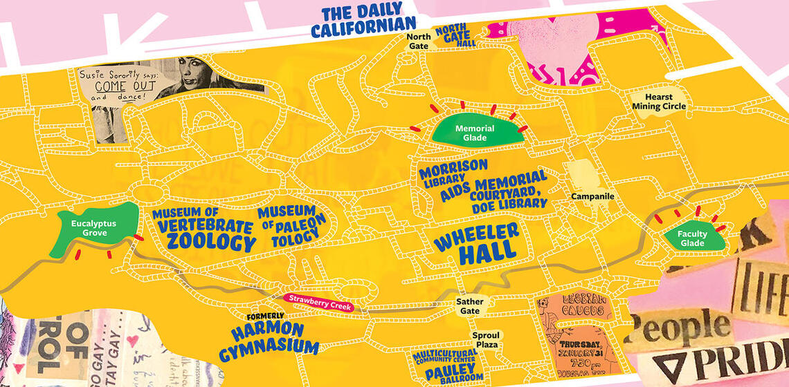 graphic yellow map of UC Berkeley Places of pride: 10 LGBTQ+ landmarks to discover on the UC Berkeley campus