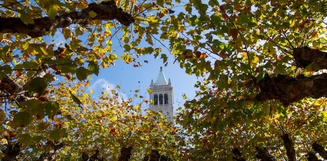 Sather tower through green trees