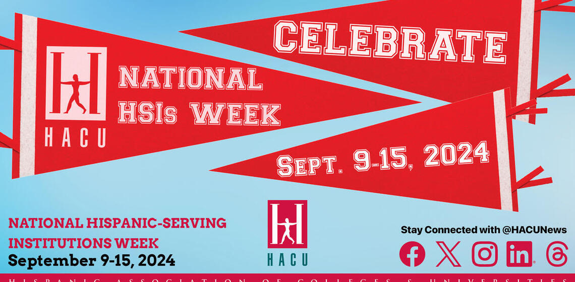 Banner for national hispanic-serving institutions week September 9-15, 2024 and red flags with their logo, celebrate, and date a