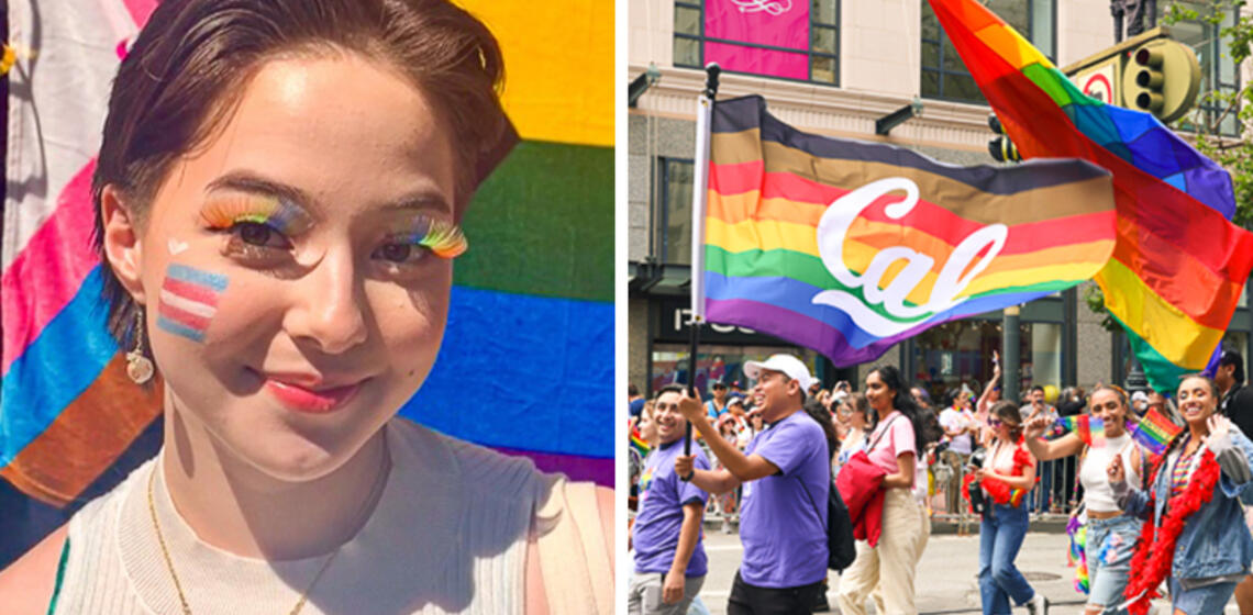 left is Nina at Portland Pride in 2023 and right is UC Berkeley staff, students, and alumni marching in San Francisco Pride