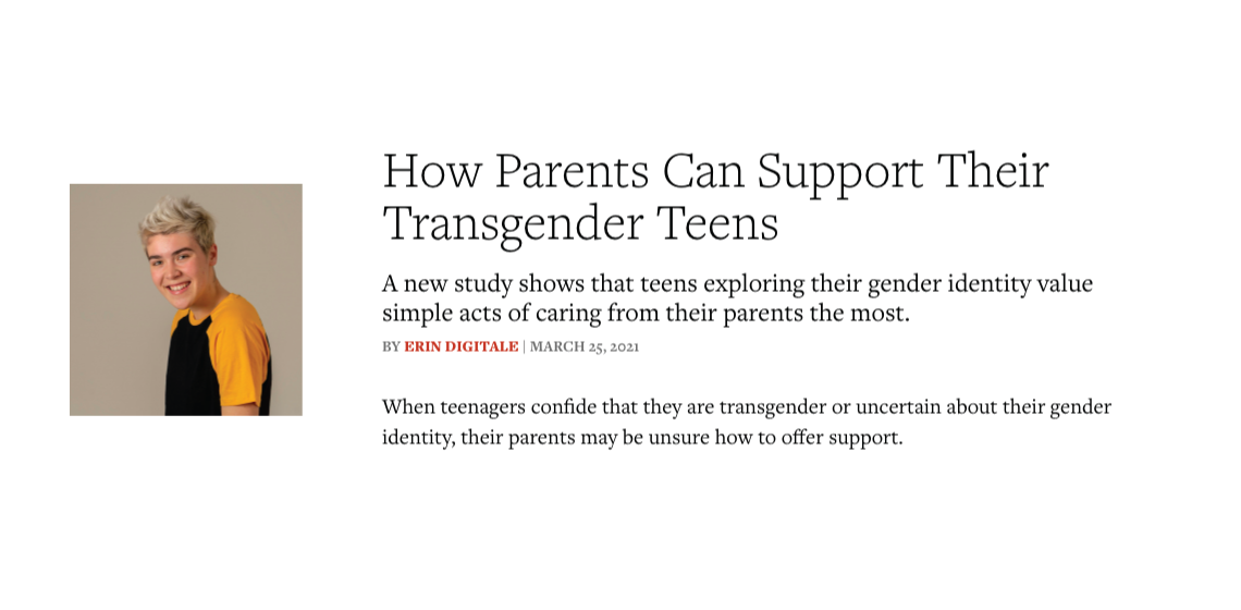A screenshot of the article that reads: How Parents Can Support Their Transgender Teens with a picture of a teen smiling