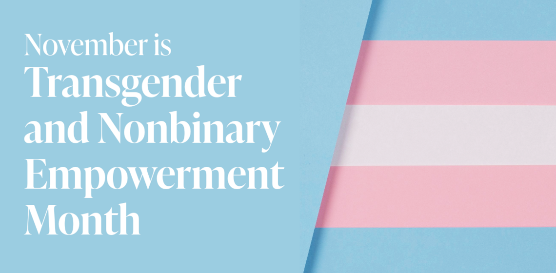 Image with pink and blue background with text: November is Transgender and Nonbinary Empowerment Month