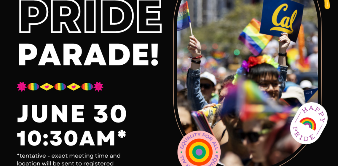 Flyer for 2024 SF pride parade! june 30 at 10:30 am with photo of someone with a flower crown and holding up a cal poster