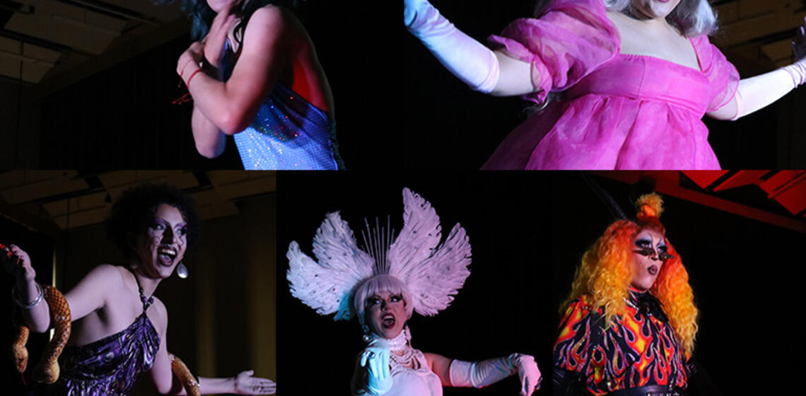 A collage of five photos of performers at the UNITY Drag Show