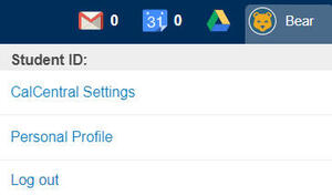  Screenshot of Calcentral student ID, Cal Central Settings, Personal Profile, and logout 